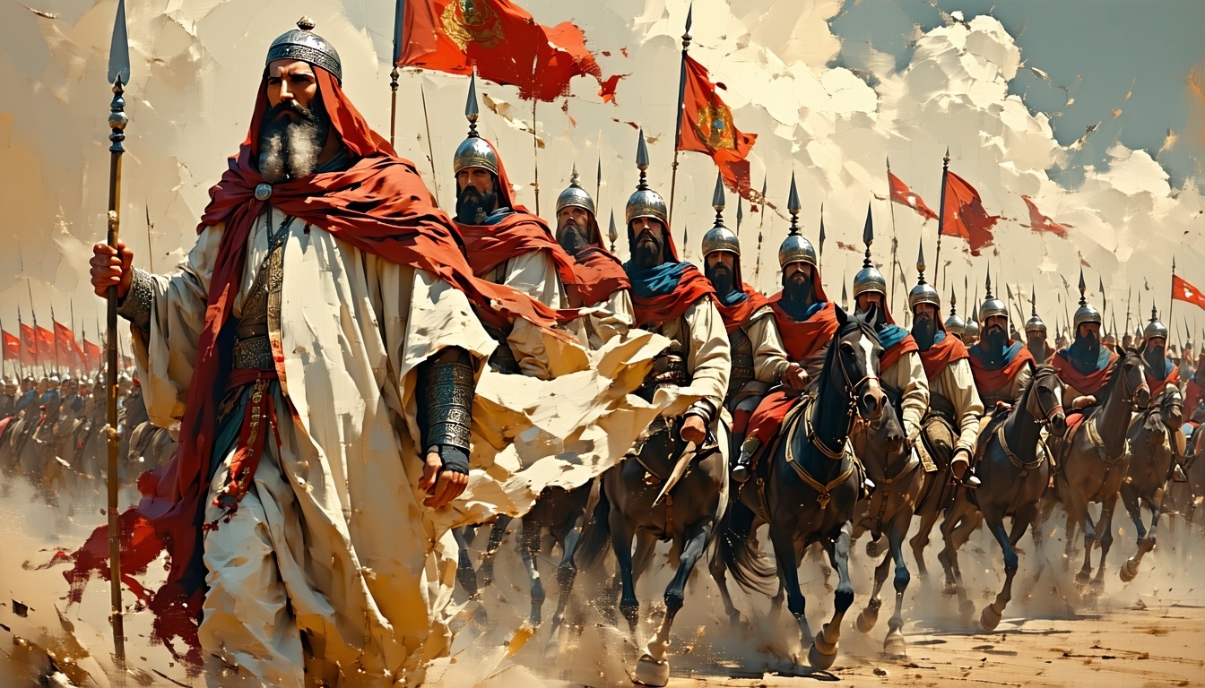 An artistic depiction of Salahuddin Ayyubi leading